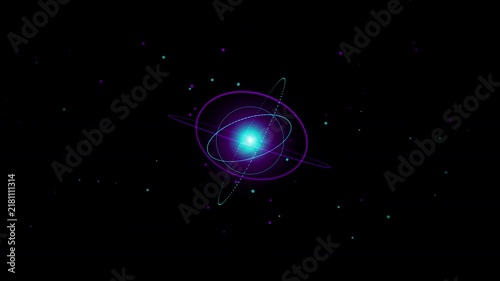 Abstract Glowing Atom Structure with Neon Orbits and Scattered Particles on Black Background