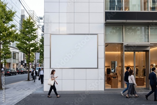 Blank advertising billboard on a modern building facade in a bustling urban street. Pedestrians walk past a luxury retail store. Premium commercial photo for marketing and design copy space.