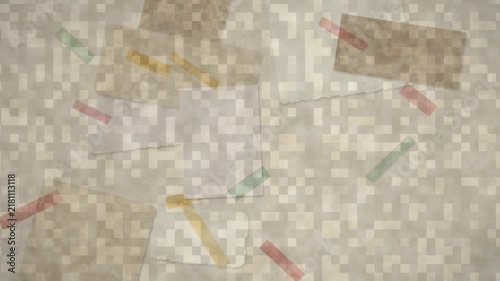 Animated cream vintage paper collage background with drifting scrap notes and colorful washi tape pieces