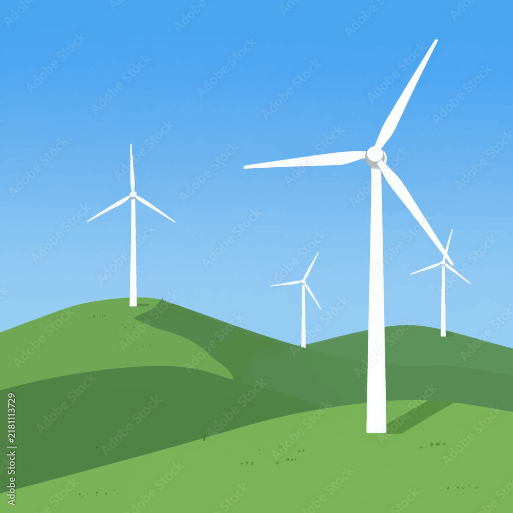Fototapeta premium Modern white wind turbines standing on rolling green hills under a clear blue sky, representing renewable energy, sustainable technology, and eco-friendly environmental power solutions