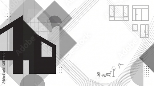 Minimalist architectural silhouette house outline with curved lines and geometric background.