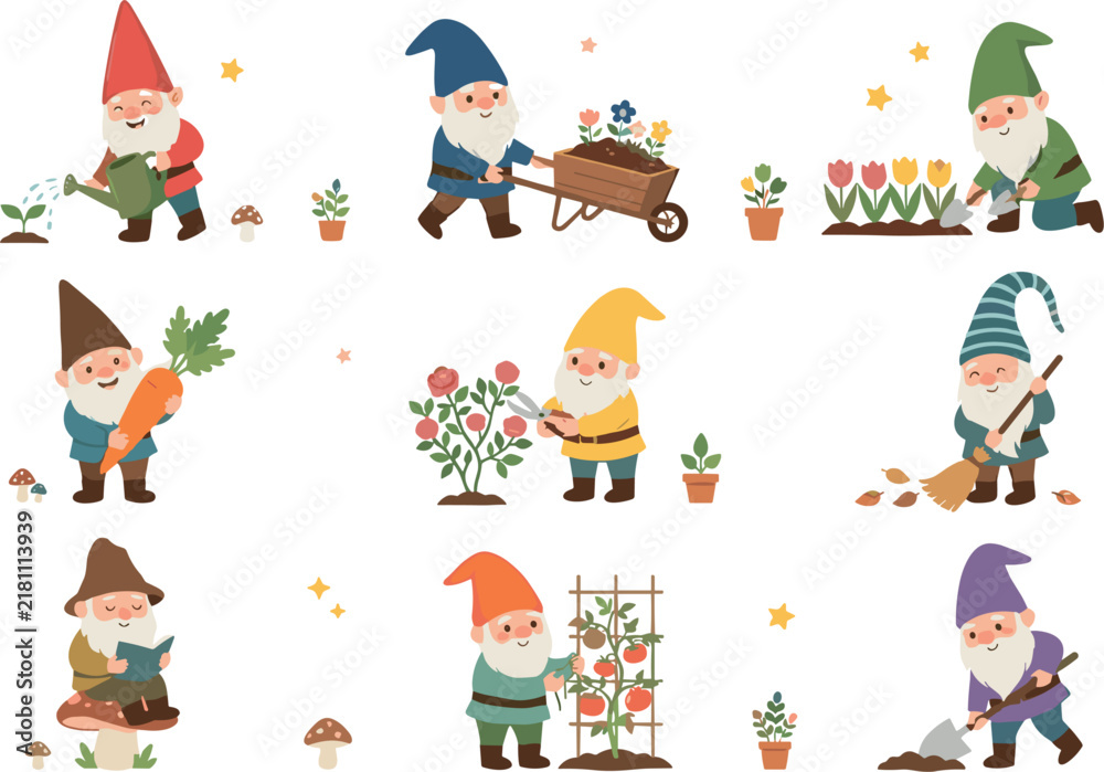 Naklejka premium Cute Garden Gnome Vector Set with Characters Gardening, Watering Plants, Digging Soil, Harvesting Vegetables, and Planting Flowers for Spring Clip Art Designs