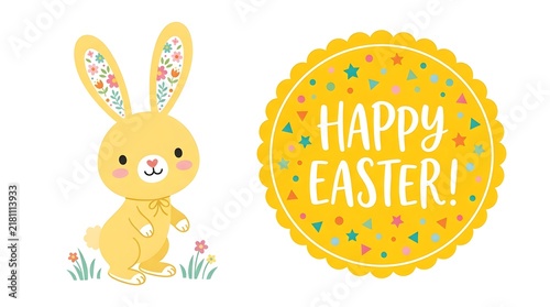 Cute yellow Easter bunny vector illustration with floral patterned ears and Happy Easter text badge on white background