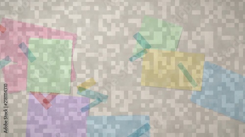 Playful pastel paper notes and washi tape pieces moving on textured grid background in stop motion animation style