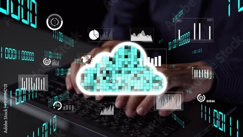 A close-up view of hands typing on a laptop keyboard, surrounded by glowing cloud icons and digital graphics, illustrating modern data analysis and cloud technology concepts. Xenic