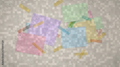 Creative scrapbook animation of pastel paper notes and colorful washi tape pieces moving on textured background