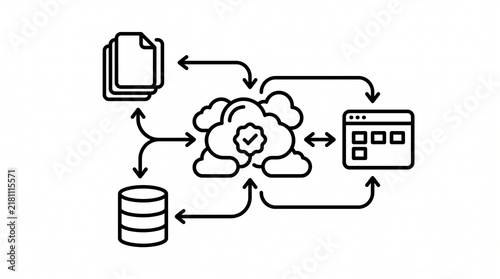 Cloud Service Integration Workflow Line Illustration. Enterprise System Connection and Cloud Application Integration Process Outline Vector Isolated on White Background