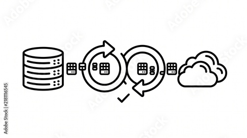 Cloud Data Synchronization Workflow Line Illustration. Enterprise System Data Sync and Cloud Information Update Process Outline Vector Isolated on White Background