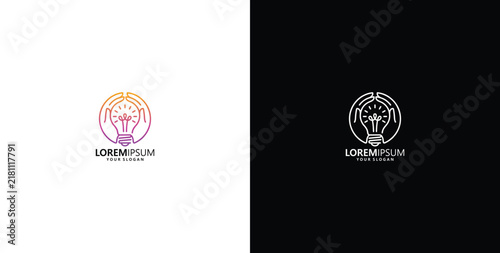 Creative idea and innovation logo design with glowing light bulb and protective hands in gradient and monochrome styles for business branding