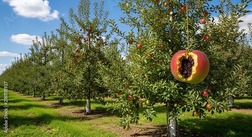 A single rotting apple with a hole hanging on an orchard tree, agriculture