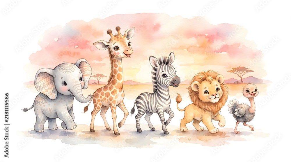 Obraz premium A warm watercolor illustration of baby safari animals gathered together with a sunset background, creating a cozy and natural scene.