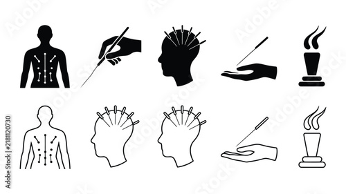 Bild auf Leinwand Acupuncture and Moxibustion Treatment Icons Featuring Silhouette and Outline Sym