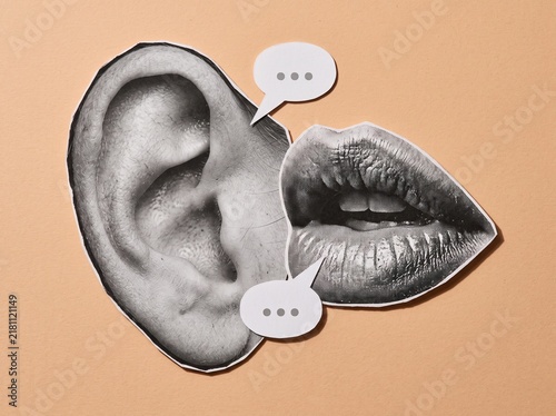 Surreal Paper Collage of Human Ear and Lips Representing Communication and Gossip Concept