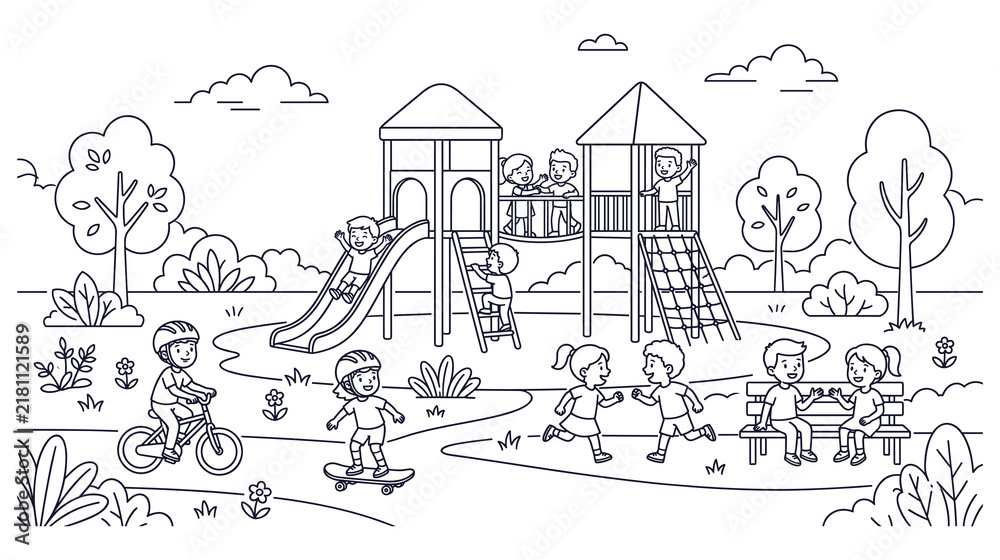 Fototapeta premium Kids playing in playground park vector illustration outline design.