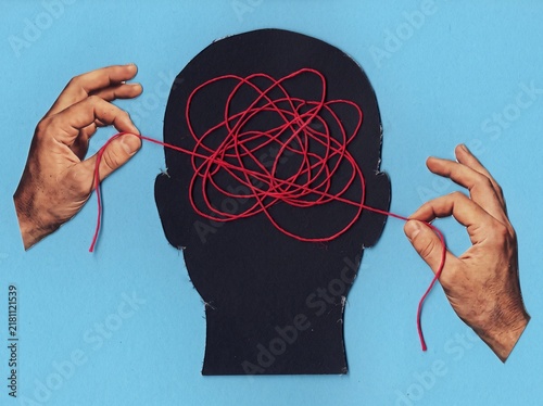 Mental Health Concept Untangling Thoughts with Red String Collage Illustration