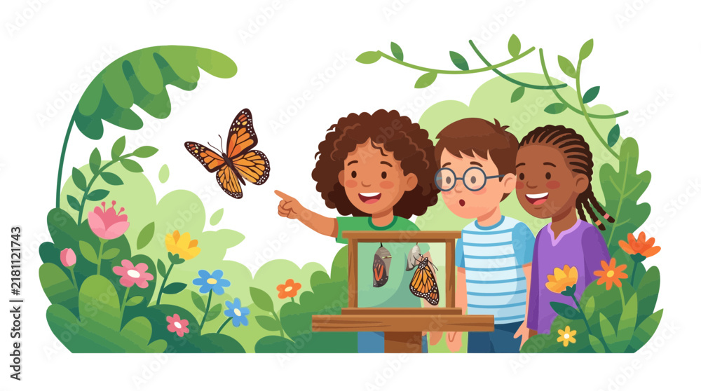 Naklejka premium Children Observe Butterfly Metamorphosis