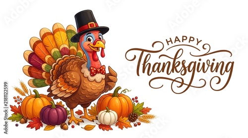 Happy Thanksgiving vector illustration with cartoon turkey in pilgrim hat, pumpkins, autumn leaves, and calligraphic lettering