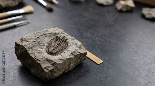 A detailed trilobite fossil embedded in a sedimentary rock specimen, placed on a dark workspace with paleontology preparation tools, macro photography style, high-resolution scientific background.
