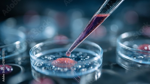 Scientist conducting chemical experiment with pipette and petri dish containing liquid solution in laboratory, medical research and chemistry study, scientific testing, biotechnology, healthcare analy