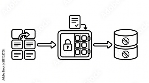 Data Retention Management Workflow Line Illustration. Enterprise Information Storage and Data Lifecycle Control Process Outline Vector Isolated on White Background