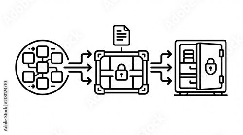 Data Retention Management Workflow Line Illustration. Enterprise Information Storage and Data Lifecycle Control Process Outline Vector Isolated on White Background