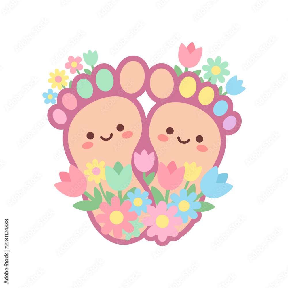 Fototapeta premium Cute cartoon baby footprints with flowers and happy faces.