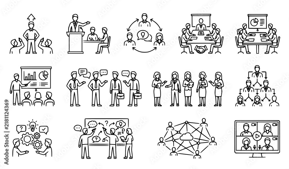Fototapeta premium Business Team Leadership Meeting and Web Conference Thin Line Vector Icons