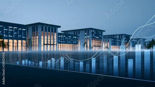 futuristic data center campus with multiple server buildings, illuminated windows, abstract rising financial growth visualization in the foreground, blue hour atmosphere, sophisticated corporate