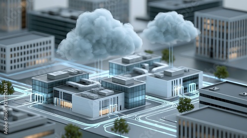 cloud computing infrastructure concept, modern data center campus connected by luminous digital network pathways, abstract cloud forms above the facility, contemporary urban environment, realistic