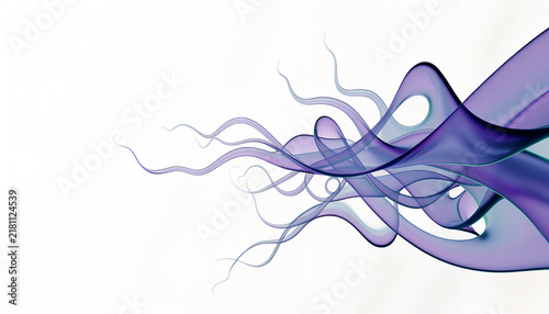 Abstract purple and blue flowing ribbons with thin tendrils on a white background, creating a delicate and dynamic visual effect.
