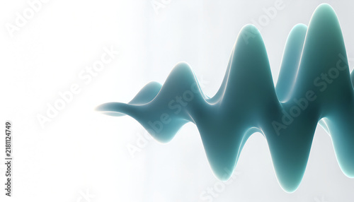 A smooth, abstract 3D wave form in teal blue with glossy surface, set against a light gradient background, resembling sound or data waves.