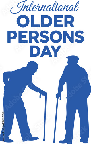 International Day of Older Persons Vector Illustration Featuring Blue Silhouettes of Elderly Men with Walking Sticks for Senior Citizens Awareness, Aging Support, and Retirement Themes.