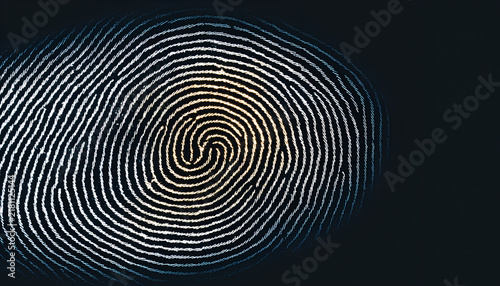 A close-up image of a human fingerprint showing intricate ridges and spiral patterns in a dark background.