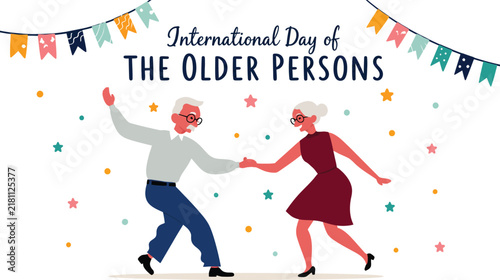 Celebration of International Day of Older Persons featuring a happy senior couple dancing with colorful festive buntings and stars background, perfect for elderly appreciation events.