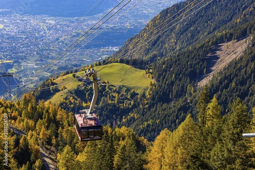 Merano 2000 mountain railway, near the summit station, below the spa town of Merano, South Tyrol, Italy