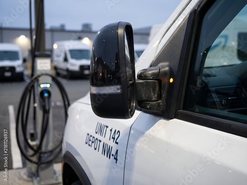 Electric delivery van being charged at a commercial charging station in a depot