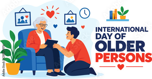 International Day of Older Persons banner showing a young man helping his grandmother. Heart symbols, home decor, and family bonding vector illustration for elderly care awareness.