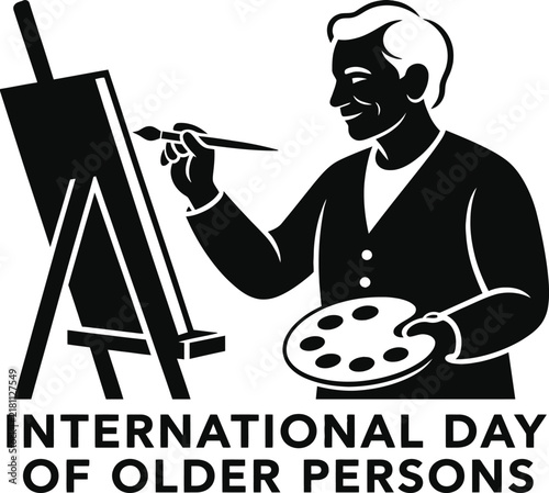 International Day of Older Persons Vector Illustration Featuring an Elderly Man Painting on Canvas with Brush and Palette, Celebrating Active Aging, Lifelong Creativity, and Senior Hobbies.