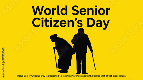 World Senior Citizen's Day Vector Illustration Featuring Elderly Couple Silhouettes on Yellow Background for Awareness Campaigns, Social Advocacy, and Retirement Celebration Designs.