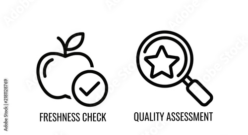 Freshness check and quality assessment outline vector icons set with apple icon magnifying glass quality control food safety star rating line art