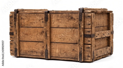 Old brown wooden storage crate with metal reinforcement corners
