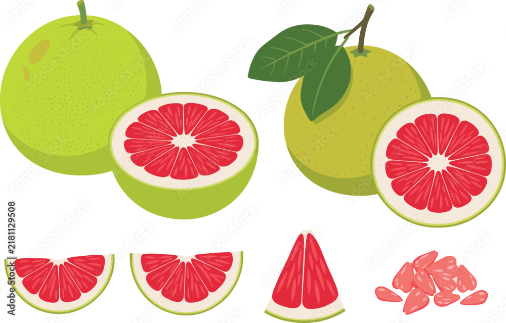 Obraz premium Set of Fresh Red Pomelo Fruit Icons Featuring Whole Citrus Green Leaves Half Cuts Slices and Seeds for Healthy Organic Food Graphic Designs
