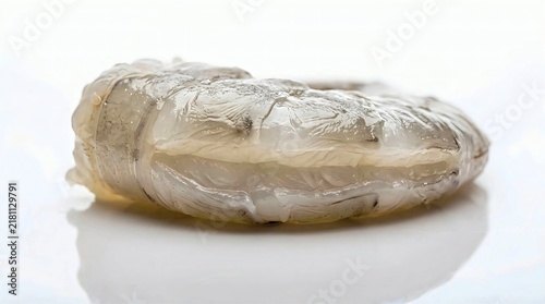 Macro Close-up of Raw Peeled Shrimp Meat on White Background