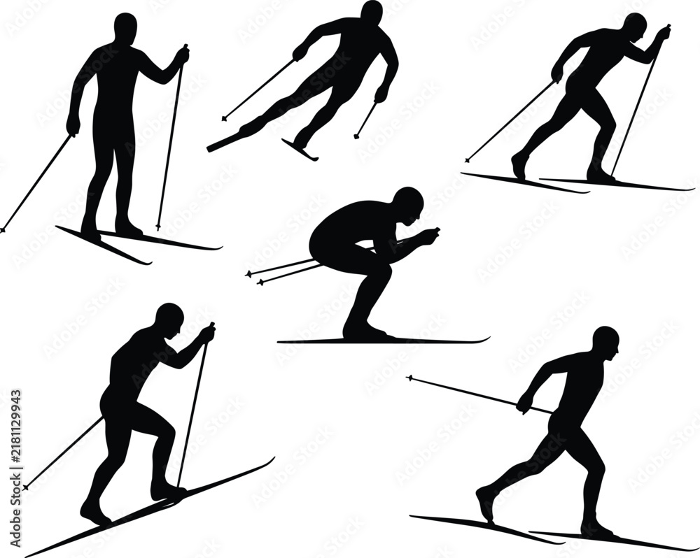 Fototapeta premium Cross‑country skiing silhouette collection featuring six dynamic skier poses showing various techniques including uphill climb, downhill tuck, glide, turn, 