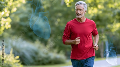 heart health prevention concept, healthy middle aged adult walking outdoors while subtle cardiovascular anatomy visualization appears in the composition, green park environment, morning sunlight,