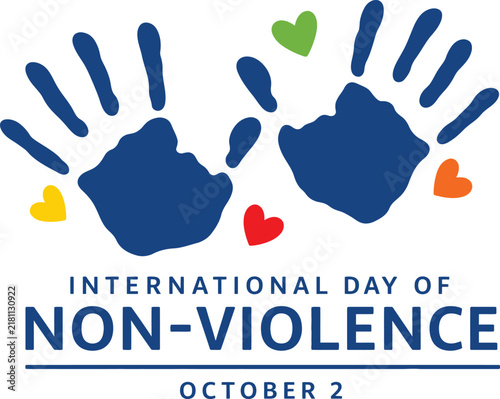 International Day of Non-Violence Vector Graphics with Blue Child Handprints and Multi-Colored Hearts Celebrating Peace Harmony and Global Unity on October 2nd Awareness Campaign Poster.