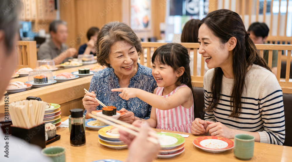 Fototapeta premium 回転寿司店で食事を楽しむ三世代家族の笑顔