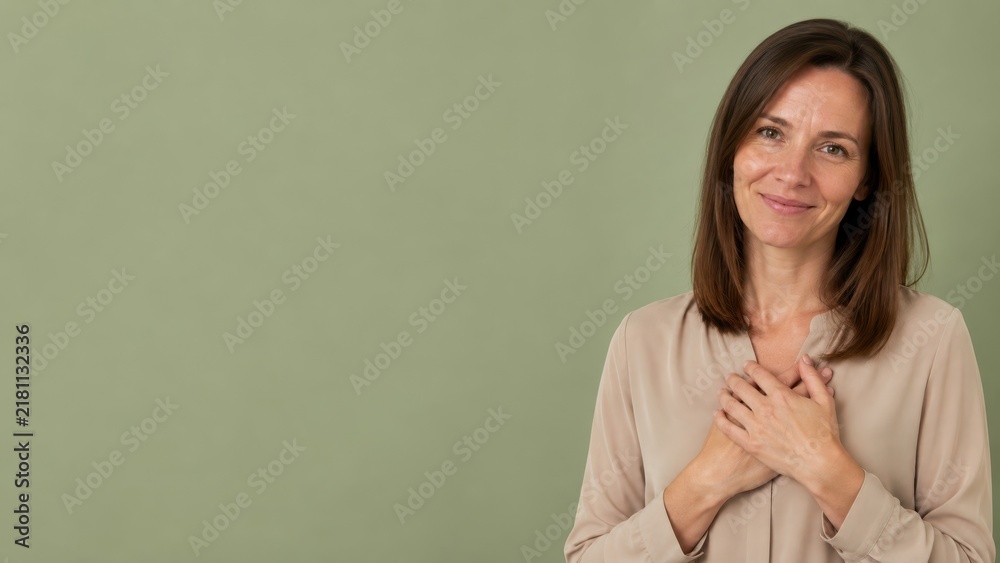 Obraz premium Grateful Woman Holding Both Hands Over Heart with Copy Space