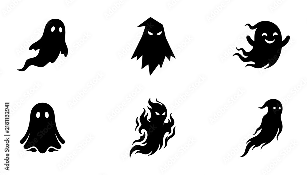 Fototapeta premium Spooky Ghost Icons, Halloween Character Silhouettes, Ethereal Spirit Vector Set, Spooky Ghost Vector Art