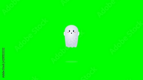 Cute White Ghost Character Animation on Green Screen Background.